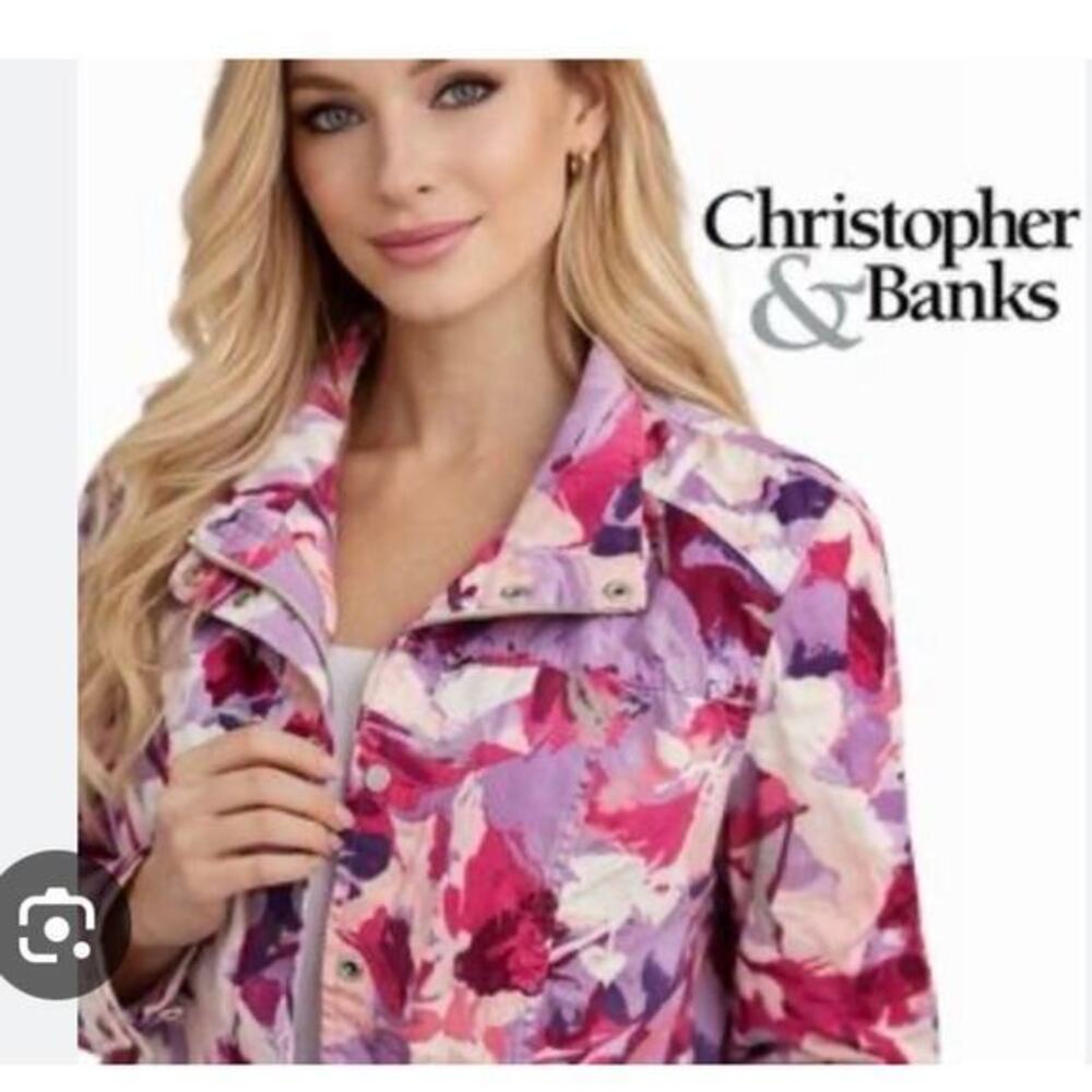 CJ Banks Zip Snap Cotton Lightweight Jacket Plus Abstract Purple Pink 2X